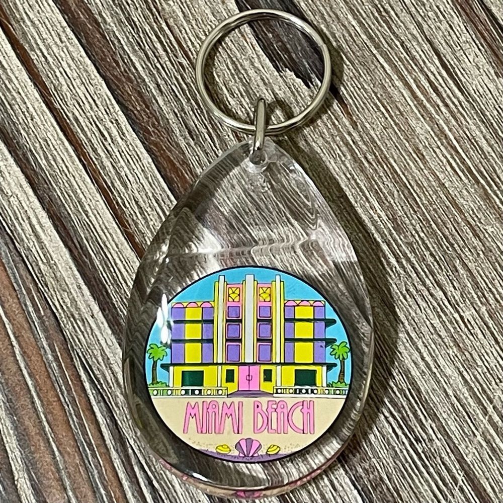 Miami Beach Acrylic Tear Drop Art Deco Hotel Keychain Colorful Pastel Bag Charm
